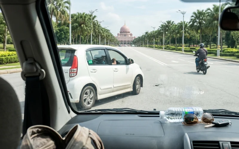 A Grab car on a wide Putrajaya boulevard with the mosque in the distance