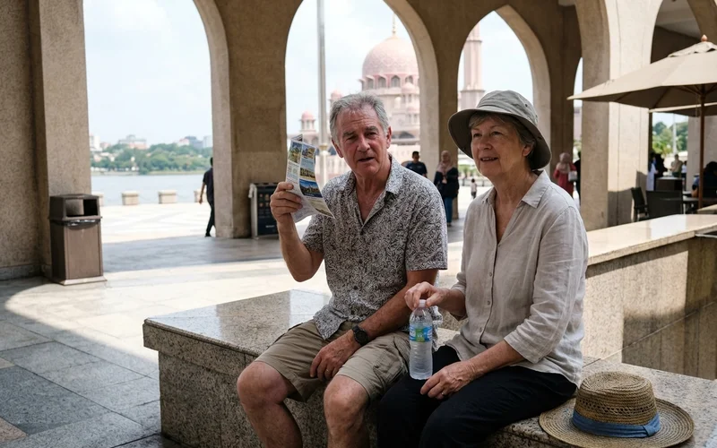 Older travellers resting in the shade near Putra Square with the lake beyond