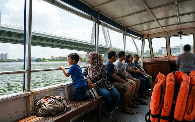 Passengers seated inside a covered lake cruise boat looking out at the Putrajaya bridges
