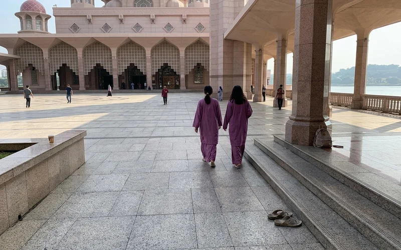 The Putra Mosque courtyard mid-morning with only a handful of visitors and long shadows