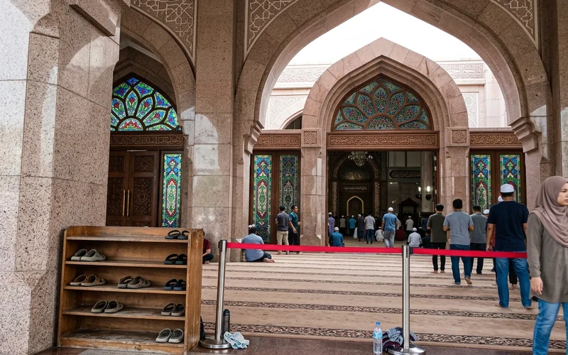Rose-tinted granite arches and patterned windows at the Putra Mosque