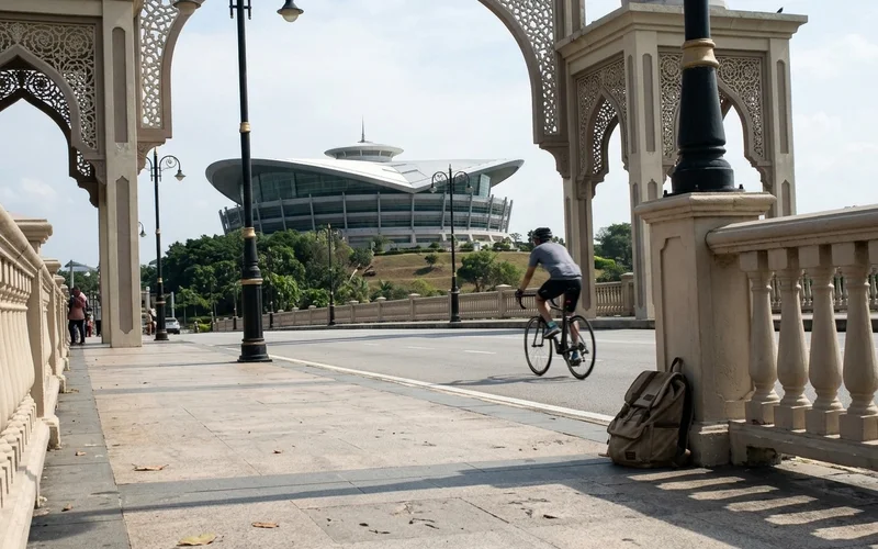 The ornamental arches of the Seri Gemilang bridge with the convention centre beyond