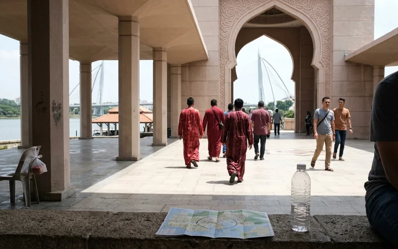 Snapshots of a sequenced Putrajaya day: mosque courtyard, bridge viewpoint and lake boat