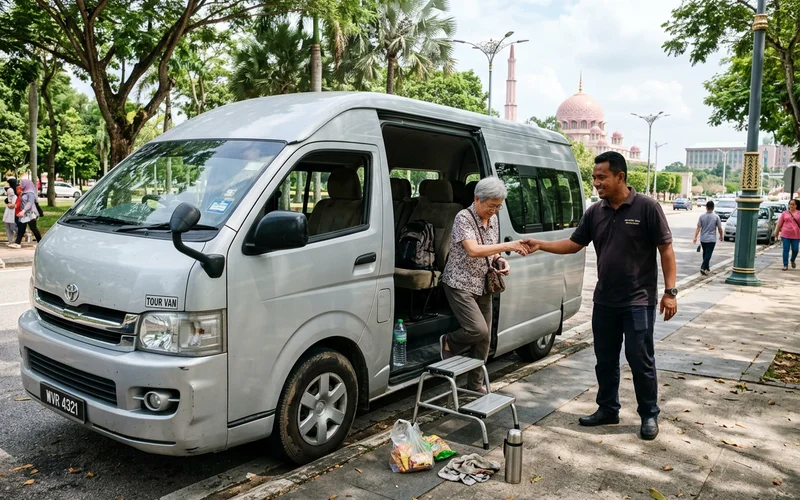 A tour van parked at a shaded kerb with the guide offering a hand down to an older passenger