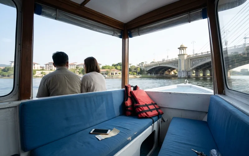 Two passengers seated on a bench inside the covered lake cruise boat watching the shoreline