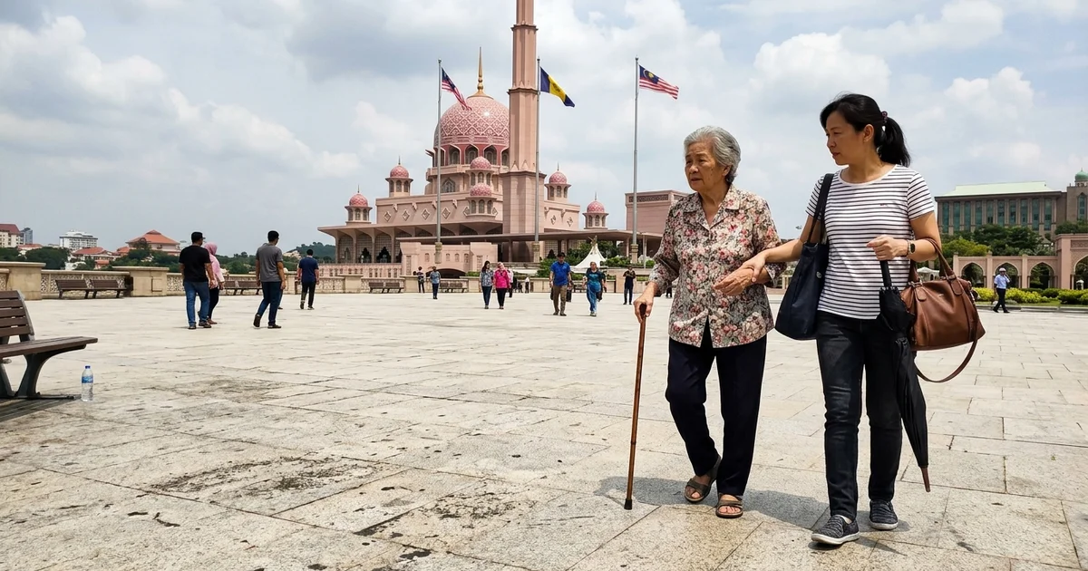 An older traveller and her adult daughter walking across Putra Square with the mosque behind