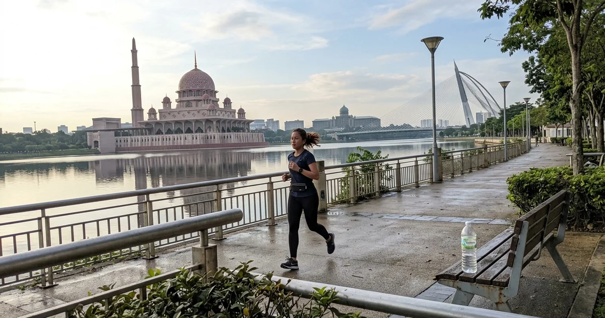 Early morning light across the Putrajaya lake with the mosque and Seri Wawasan bridge