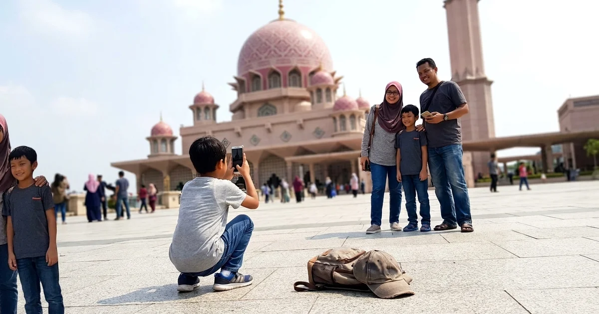 A family taking photographs on Putra Square with the Pink Mosque behind them