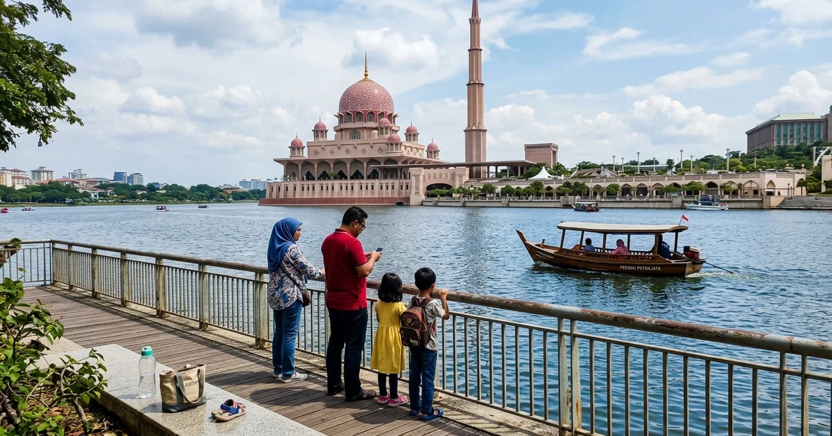 The pink dome and minaret of the Putra Mosque rising over the Putrajaya lake