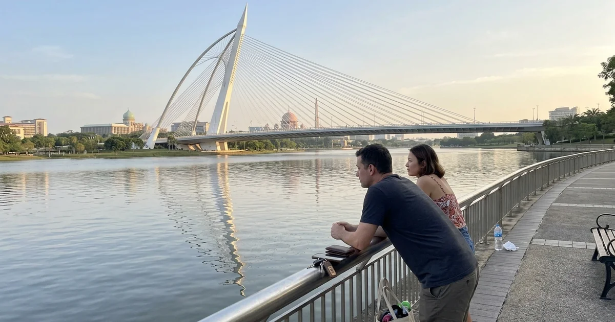 The Seri Wawasan cable-stayed bridge in Putrajaya photographed at golden hour
