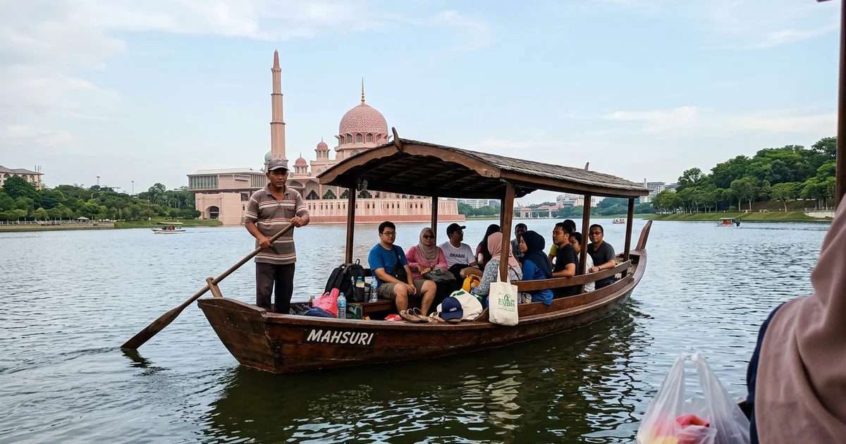 A traditional covered Malay perahu on the Putrajaya lake with the Putra Mosque behind