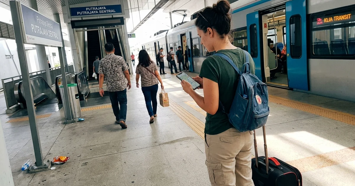 A traveller checking a phone map on the platform at Putrajaya Sentral station