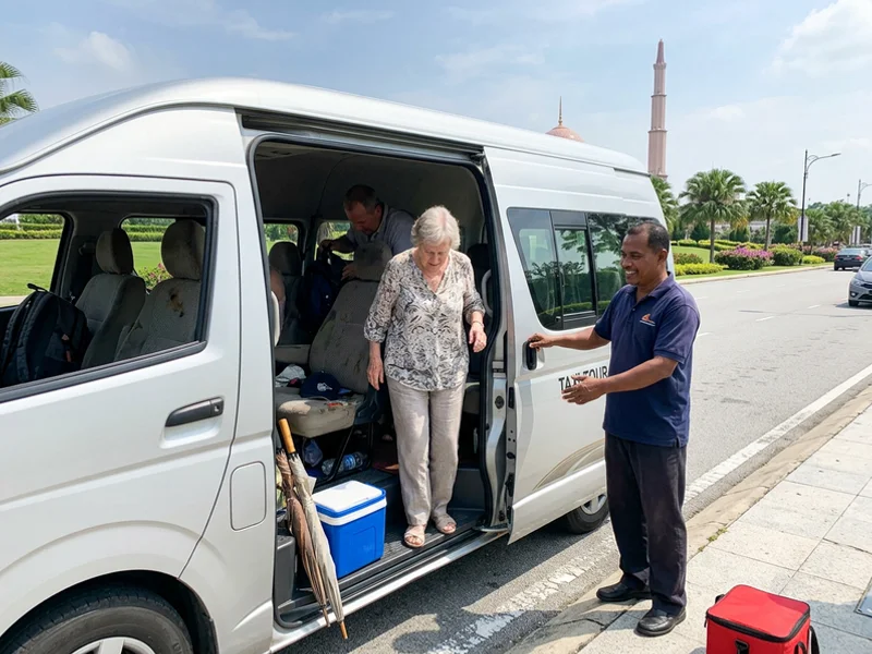 Air-conditioned tour van with the driver-guide holding the door open