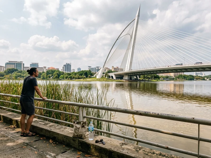 Seri Wawasan bridge photographed from the Putrajaya lake shore at golden hour