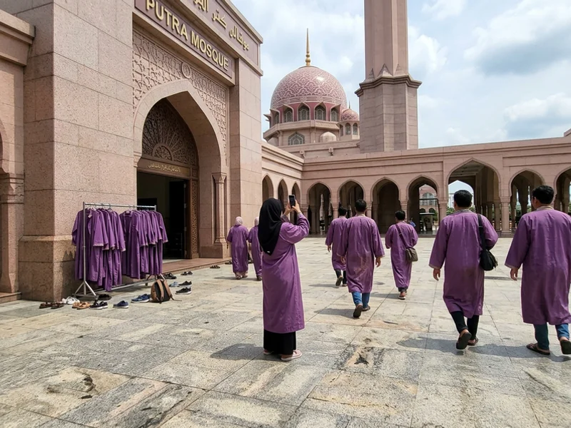 Visitors in free loaned robes crossing the Putra Mosque courtyard