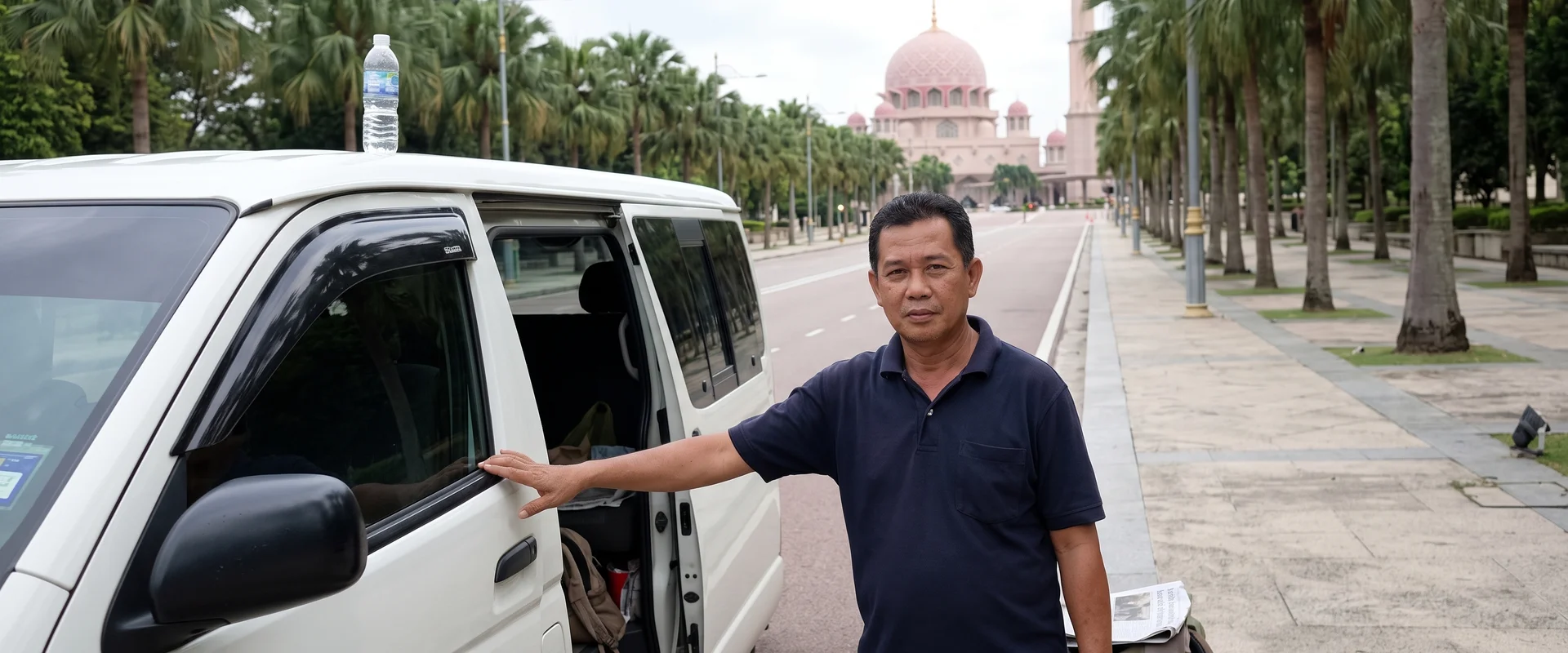 A driver-guide beside an air-conditioned tour van on a Putrajaya boulevard