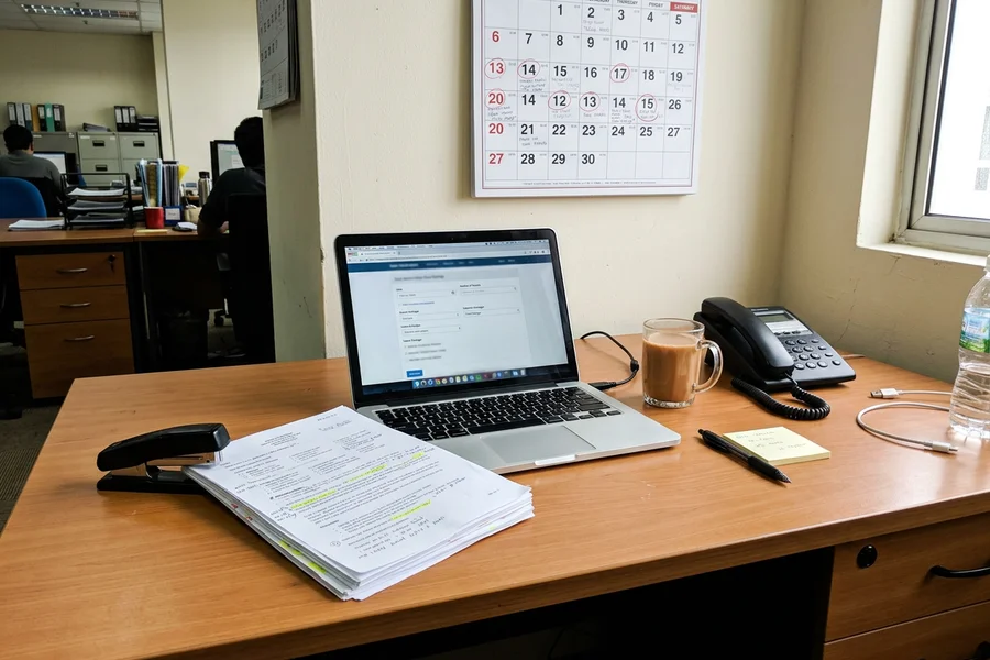 A working desk in the Kuala Lumpur office with a booking system open and printed itineraries