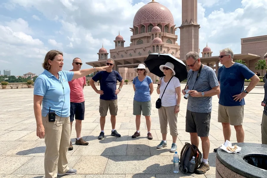 A small tour group listening to their guide on Putra Square in Putrajaya